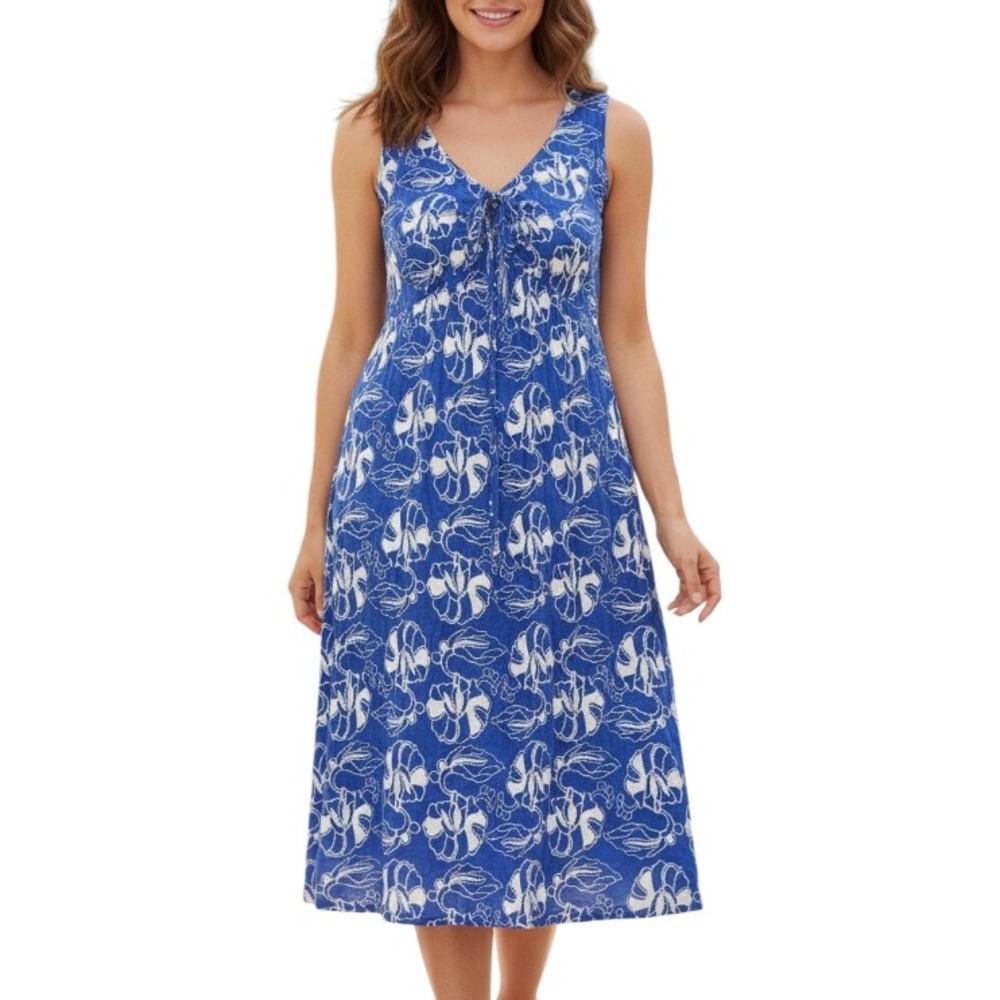 NWT BALI BATIKS Blue HAND PAINTED Twill BEADED TROPICAL Smock Fit & Flare Sz 1X